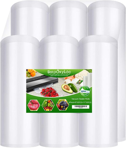 6 Pack 8"X20'(3Rolls) And11"X20'(3Rolls) Food Vacuum Sealer Bags Rolls with BPA Free,Heavy Duty,Great for Sous Vide and Vac Seal Storage