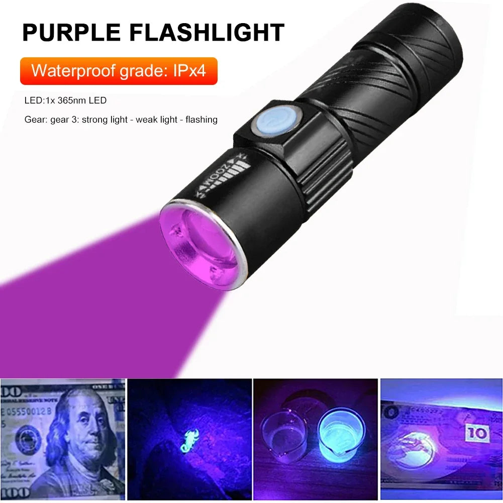LED UV Flashlight Ultraviolet Torch Mini UV Light Pet Urine Stains Detector Fluorescent Anti-Counterfeiting Bill Seal Detector