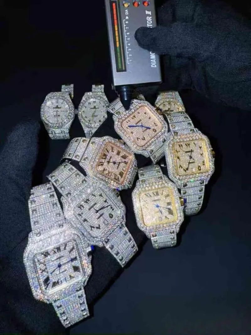 Mens Womens Honeycomb Inlay VVVS Moissanite Hip Hop Ice Crystal Mechanical Watches Fast Free Shipping