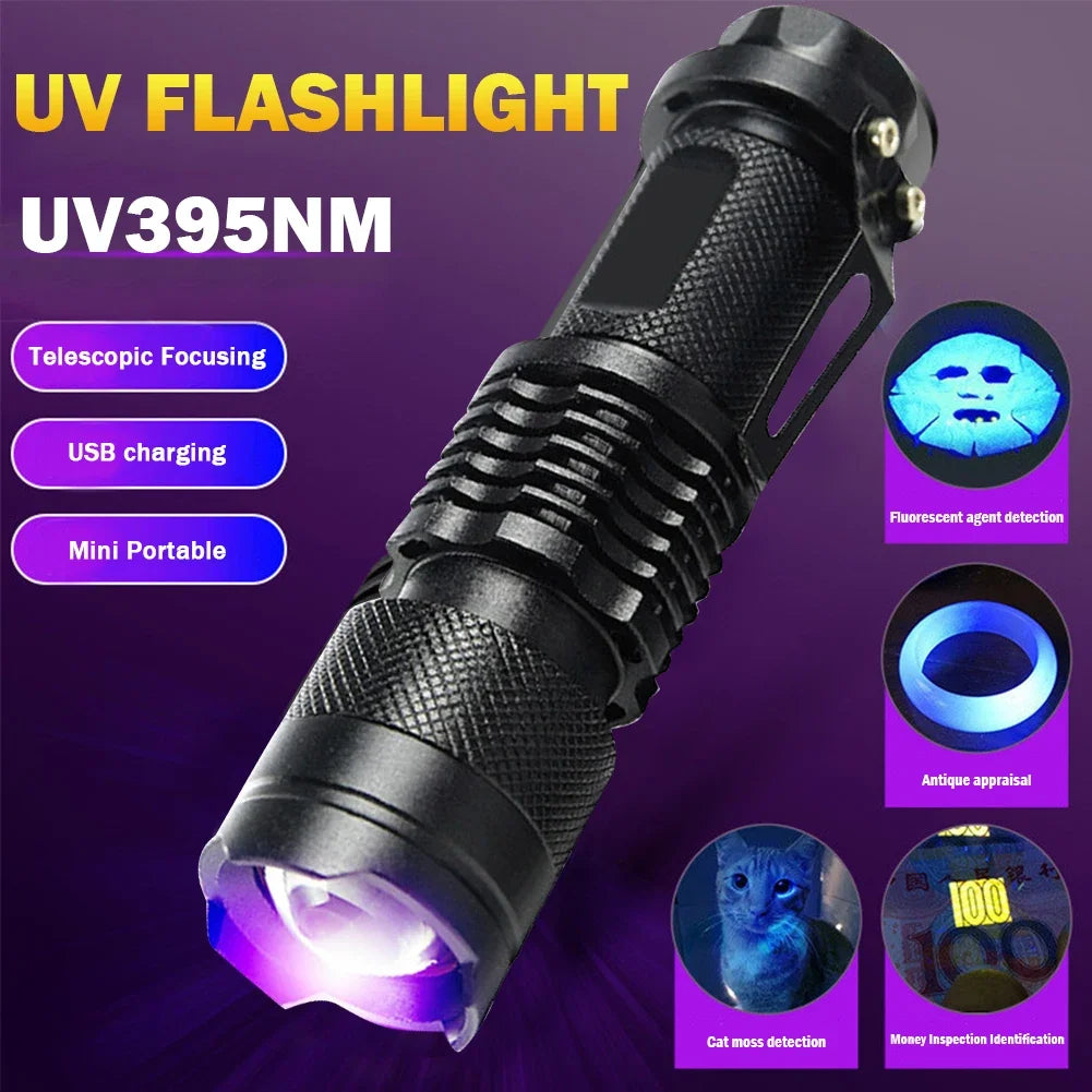 LED UV Flashlight Ultraviolet Torch Mini UV Light Pet Urine Stains Detector Fluorescent Anti-Counterfeiting Bill Seal Detector