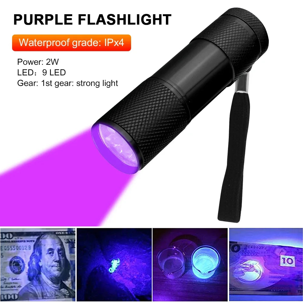 LED UV Flashlight Ultraviolet Torch Mini UV Light Pet Urine Stains Detector Fluorescent Anti-Counterfeiting Bill Seal Detector